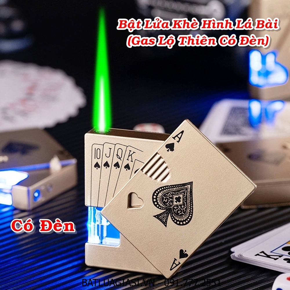 BẬT LỬA KHÈ GAS LỘ THIÊN HÌNH LÁ BÀI CÓ ĐÈN NHẤP NHÁY (KIM LOẠI) - (XÀI GAS)