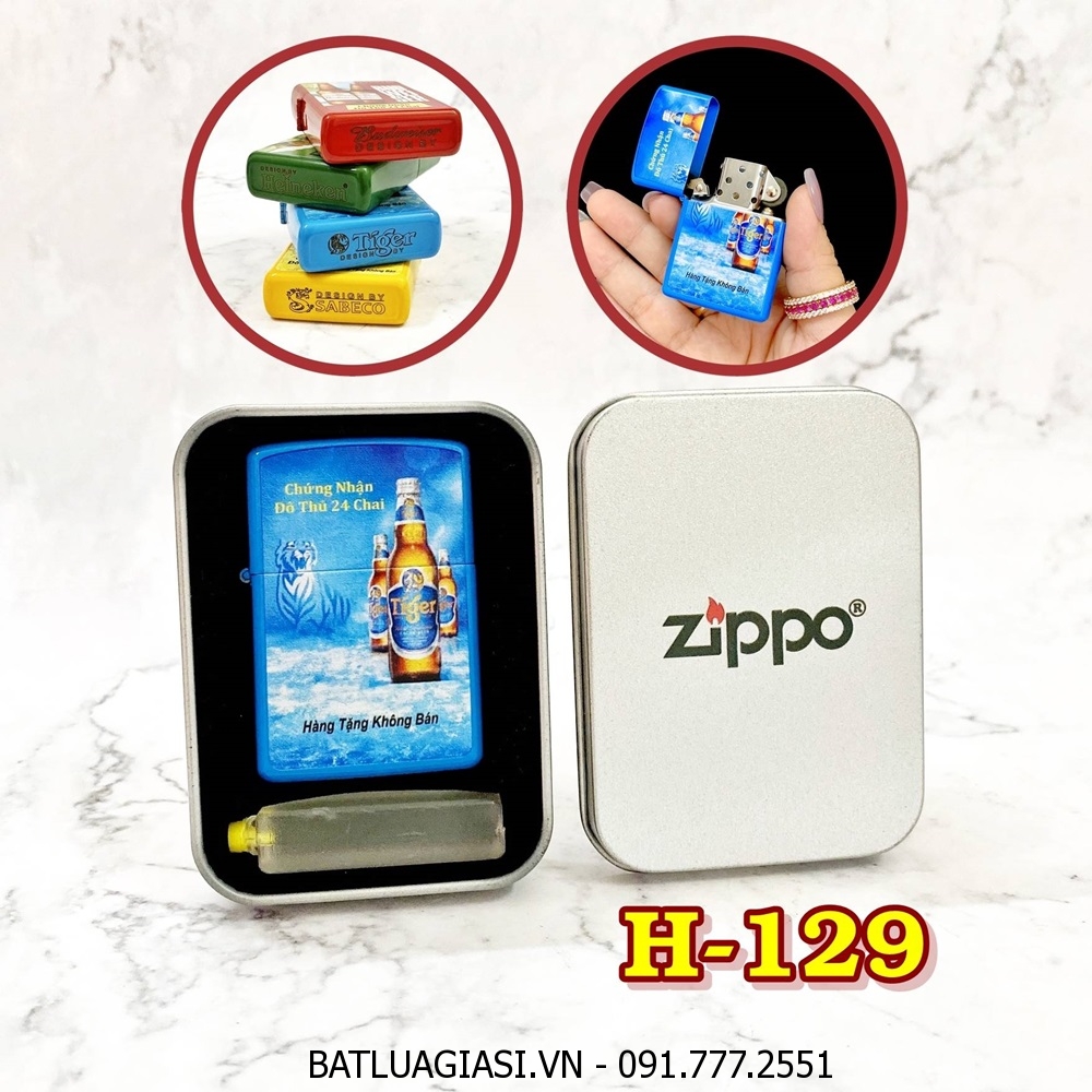 BẬT LỬA ZIPPO 2 MẶT THƯƠNG HIỆU BIA TIGER (QUÀ TẶNG TỪ BIA) - (HỘP THIẾC KÈM XĂNG) H-129