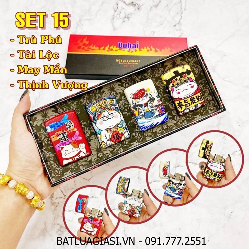 BỘ 4 BÂT LỬA ZIPPO SƠN TĨNH ĐIỆN 6 MẶT - PHIÊN BẢN NHẬT HÌNH MÈO MAY MẮN - (XÀI XĂNG) SET 15