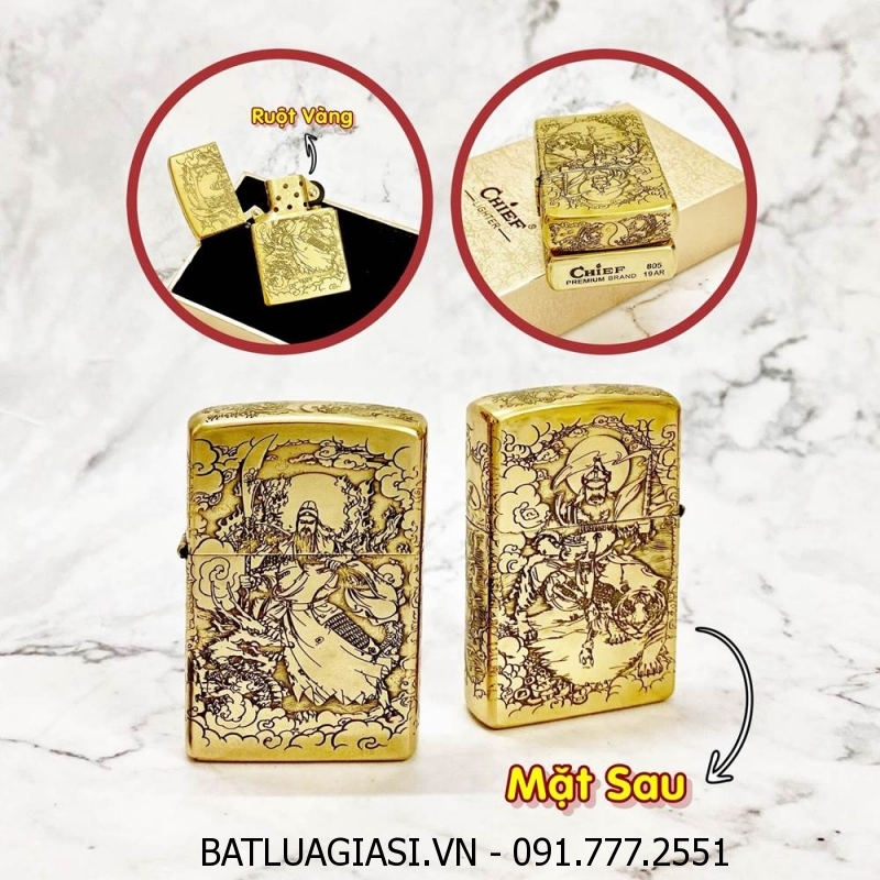 BẬT LỬA ZIPPO CHIEF BÓNG RUỘT VÀNG - KHẮC 5 MẶT HÌNH QUAN CÔNG C-2 (FULL BOX) - (XÀI XĂNG)