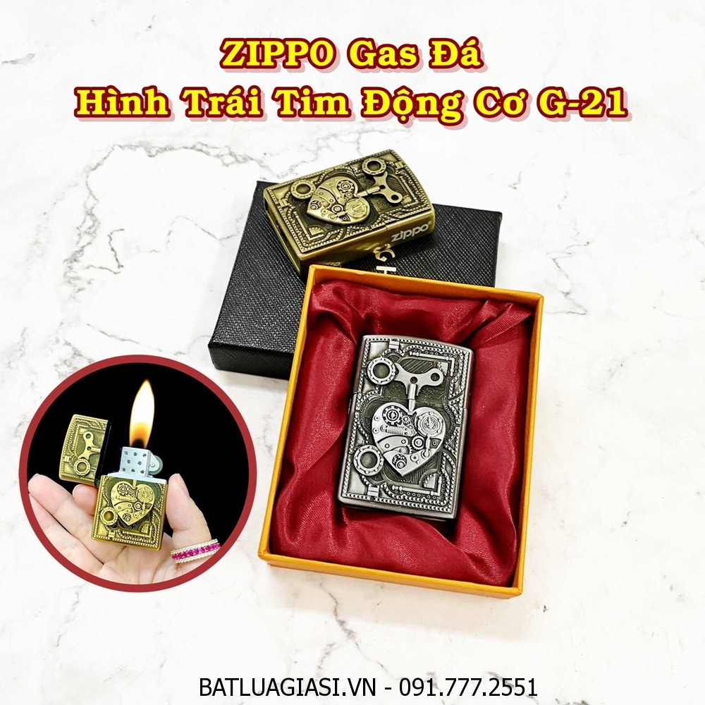 BẬT LỬA ZIPPO GAS ĐÁ HÌNH TRÁI TIM ĐỘNG CƠ G-21 (CÓ HỘP) - (XÀI GAS)