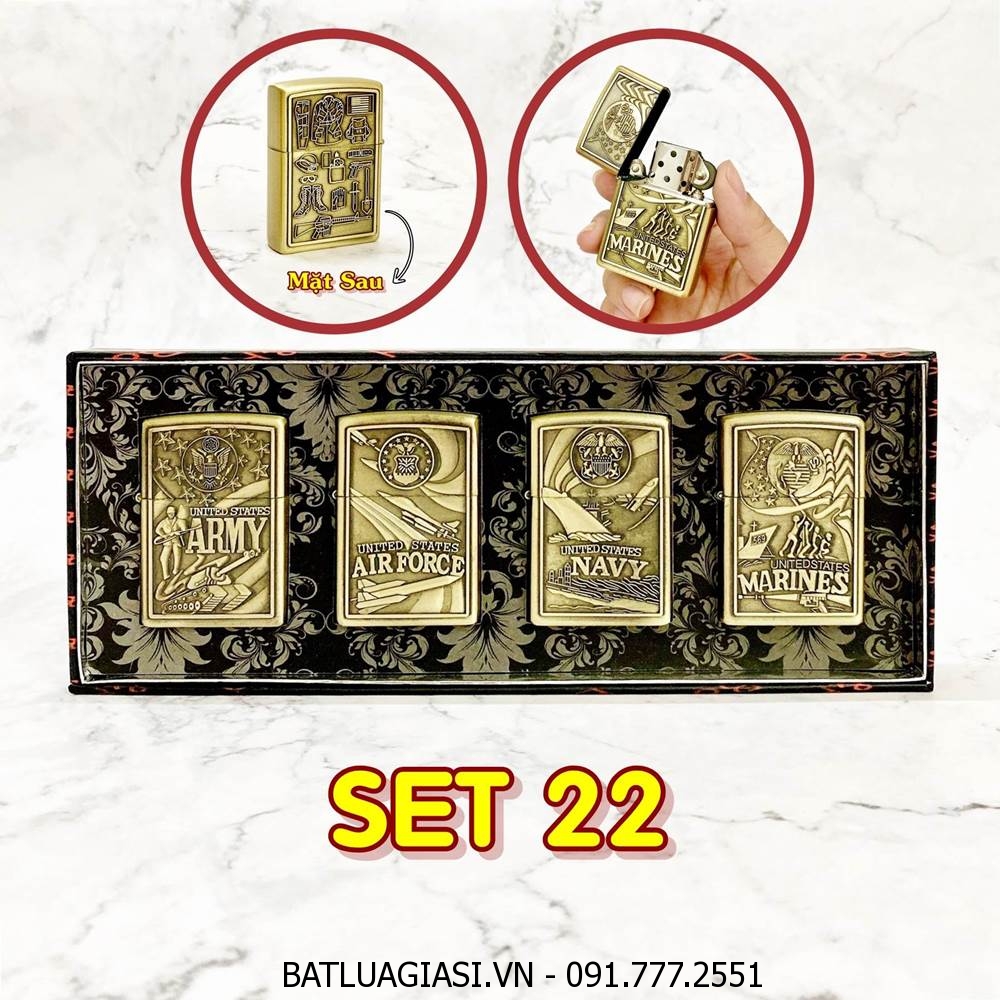 BỘ 4 BÂT LỬA ZIPPO U.S 2 MẶT HÌNH NỔI - (XÀI XĂNG) SET 22