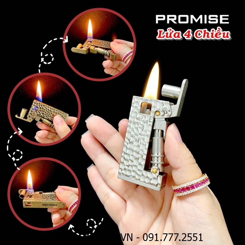 BẬT LỬA XĂNG ĐÁ PROMISE LỬA 4 CHIỀU VÂN GÕ BÚA - (XÀI XĂNG)