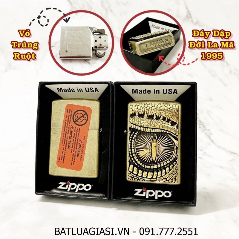 BẬT LỬA ZIPPO MỸ LIMITED EDITION HÌNH MẮT RỒNG - ĐỜI LA MÃ 1995 - RUỘT USA (CÓ TEM ĐỎ) - (XÀI XĂNG) #VÀNG