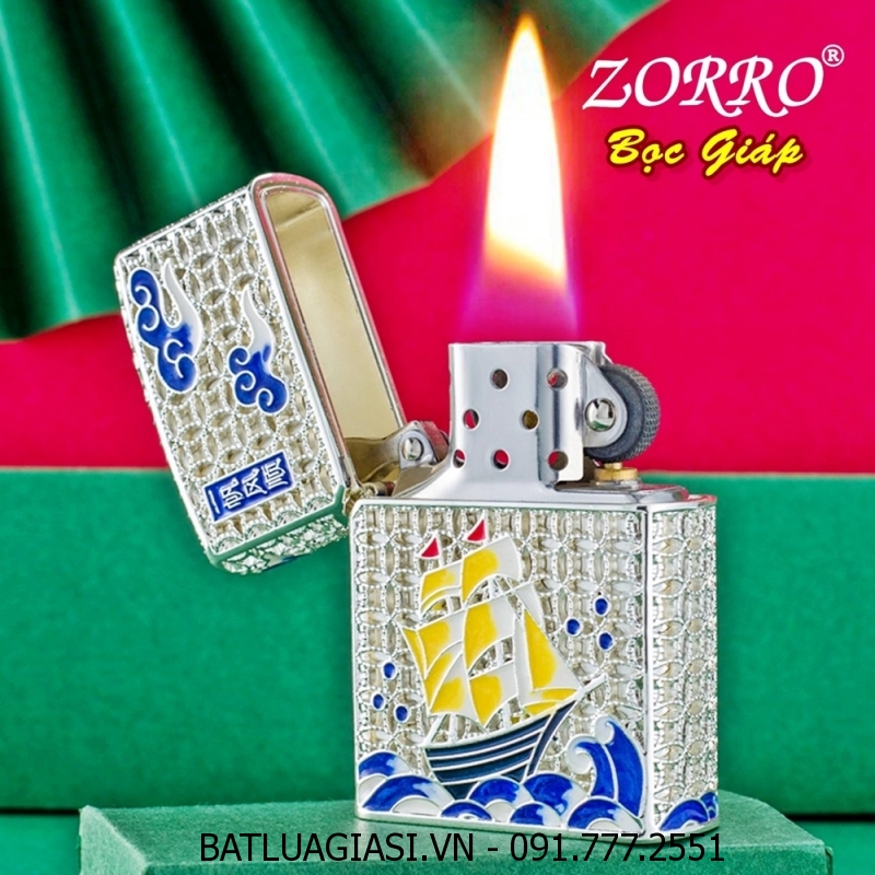 BẬT LỬA ZIPPO ZORRO BỌC GIÁP ĐỒNG TIỀN HÌNH CHIẾC THUYỀN THUẬN BUỒM XUÔI GIÓ (FULLBOX) - (XÀI XĂNG) #BẠC