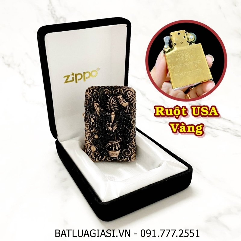 BẬT LỬA ZIPPO MỸ HÌNH TỲ HƯU GIỮ TIỀN DẬP NỔI 6 MẶT - RUỘT USA VÀNG (FULLBOX) - (XÀI XĂNG) #ĐỒNG ĐỎ