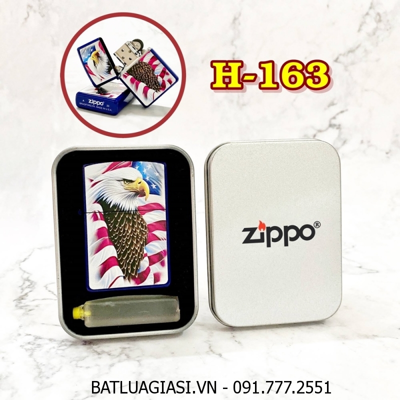 BẬT LỬA ZIPPO SƠN TĨNH ĐIỆN 2 MẶT HÌNH ĐẠI BÀNG CỜ MỸ (CÓ MỘC ĐÁY) (HỘP THIẾC KÈM XĂNG) H-163