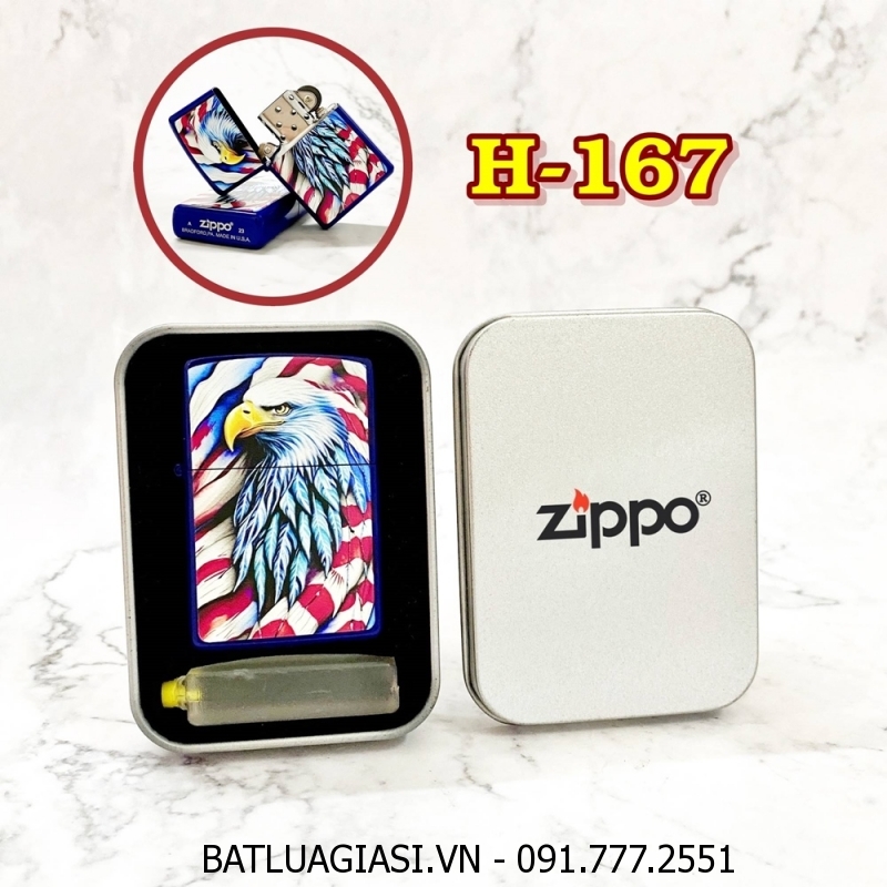 BẬT LỬA ZIPPO SƠN TĨNH ĐIỆN 2 MẶT HÌNH ĐẠI BÀNG CỜ MỸ (CÓ MỘC ĐÁY) (HỘP THIẾC KÈM XĂNG) H-167