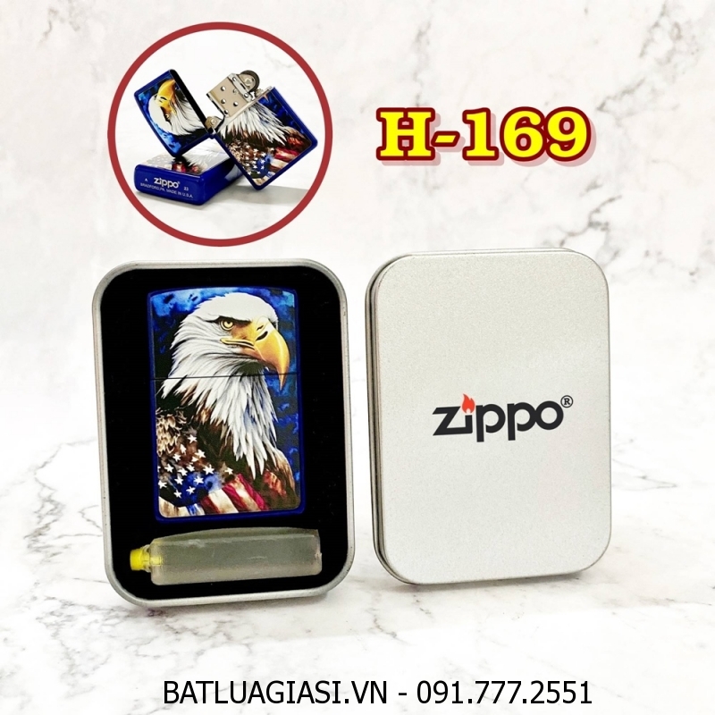 BẬT LỬA ZIPPO SƠN TĨNH ĐIỆN 2 MẶT HÌNH ĐẠI BÀNG CỜ MỸ (CÓ MỘC ĐÁY) (HỘP THIẾC KÈM XĂNG) H-169