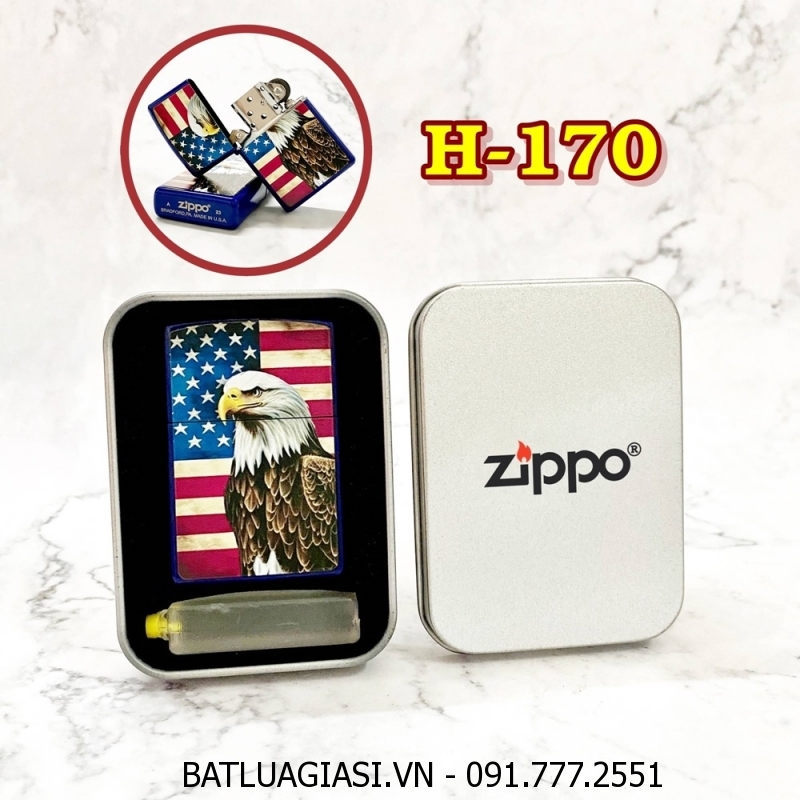 BẬT LỬA ZIPPO SƠN TĨNH ĐIỆN 2 MẶT HÌNH ĐẠI BÀNG CỜ MỸ (CÓ MỘC ĐÁY) (HỘP THIẾC KÈM XĂNG) H-170