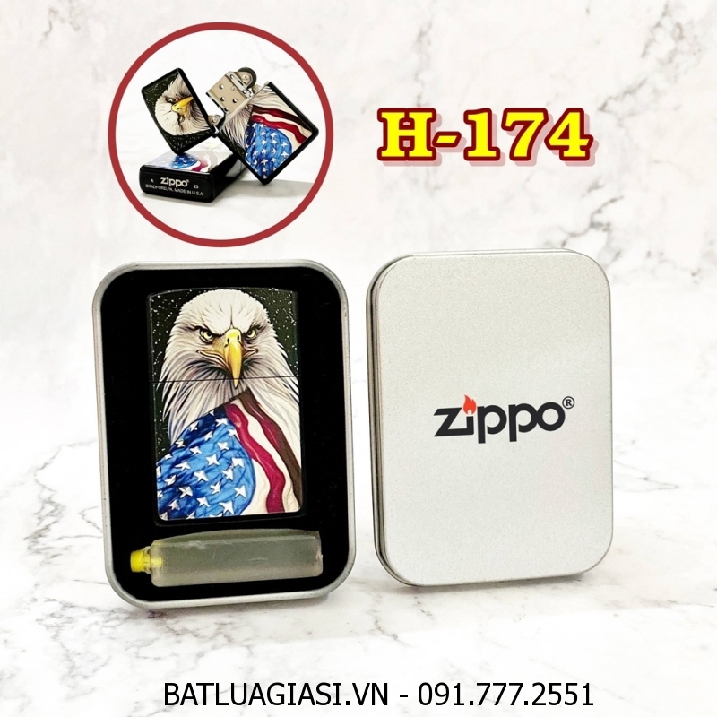 BẬT LỬA ZIPPO SƠN TĨNH ĐIỆN 2 MẶT HÌNH ĐẠI BÀNG CỜ MỸ (CÓ MỘC ĐÁY) (HỘP THIẾC KÈM XĂNG) H-174