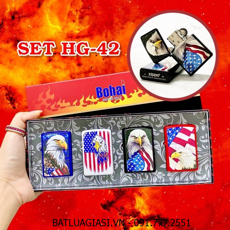 BỘ 4 BẬT LỬA ZIPPO SƠN TĨNH ĐIỆN 2 MẶT HÌNH ĐẠI BÀNG CỜ MỸ CÁC KIỂU (CÓ MỘC ĐÁY) (HỘP GIẤY) - (XÀI XĂNG) #SET HG-42