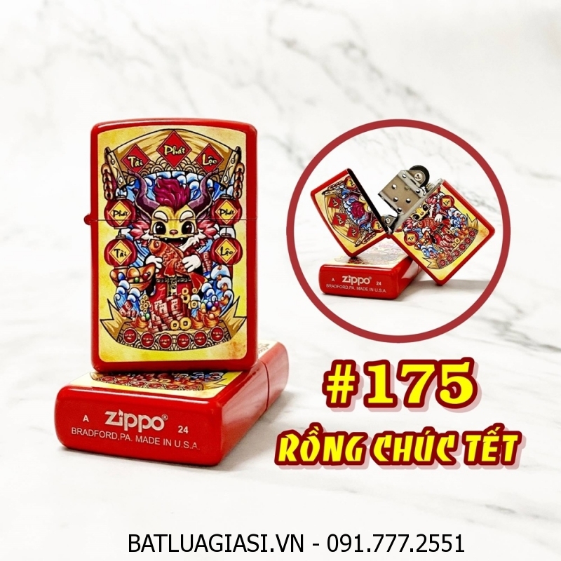 BẬT LỬA ZIPPO SƠN TĨNH ĐIỆN 2 MẶT HÌNH RỒNG CHÚC TẾT (CÓ MỘC ĐÁY) (XÀI XĂNG) #175