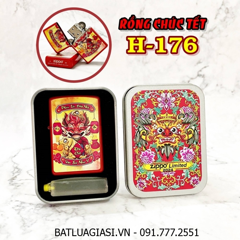 BẬT LỬA ZIPPO SƠN TĨNH ĐIỆN 2 MẶT HÌNH RỒNG CHÚC TẾT (CÓ MỘC ĐÁY) (HỘP THIẾC LIMITED) H-176