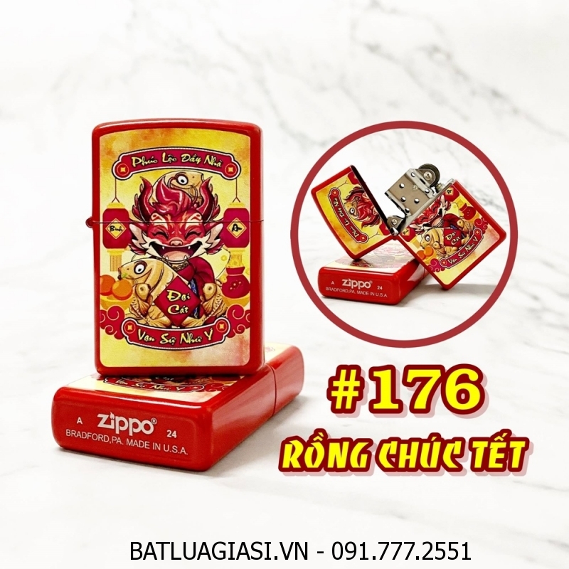 BẬT LỬA ZIPPO SƠN TĨNH ĐIỆN 2 MẶT HÌNH RỒNG CHÚC TẾT (CÓ MỘC ĐÁY) (XÀI XĂNG) #176