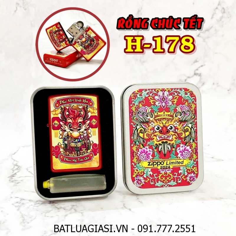 BẬT LỬA ZIPPO SƠN TĨNH ĐIỆN 2 MẶT HÌNH RỒNG CHÚC TẾT (CÓ MỘC ĐÁY) (HỘP THIẾC LIMITED) H-178