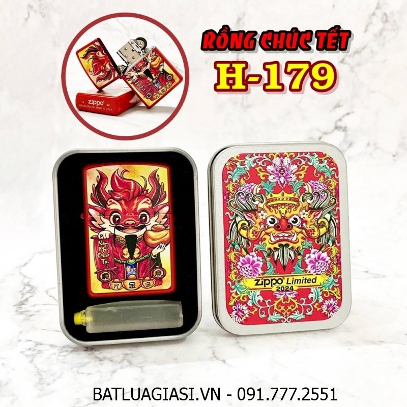 BẬT LỬA ZIPPO SƠN TĨNH ĐIỆN 2 MẶT HÌNH RỒNG CHÚC TẾT (CÓ MỘC ĐÁY) (HỘP THIẾC LIMITED) H-179