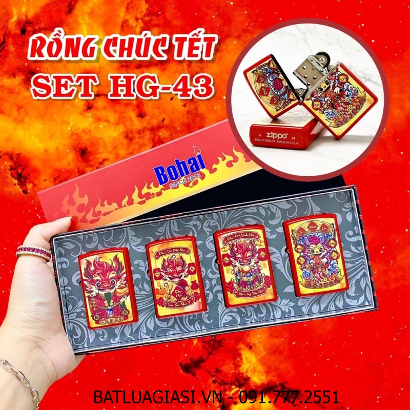 BỘ 4 BẬT LỬA ZIPPO SƠN TĨNH ĐIỆN 2 MẶT HÌNH RỒNG CHÚC TẾT (CÓ MỘC ĐÁY) (HỘP GIẤY) - (XÀI XĂNG) #SET HG-43