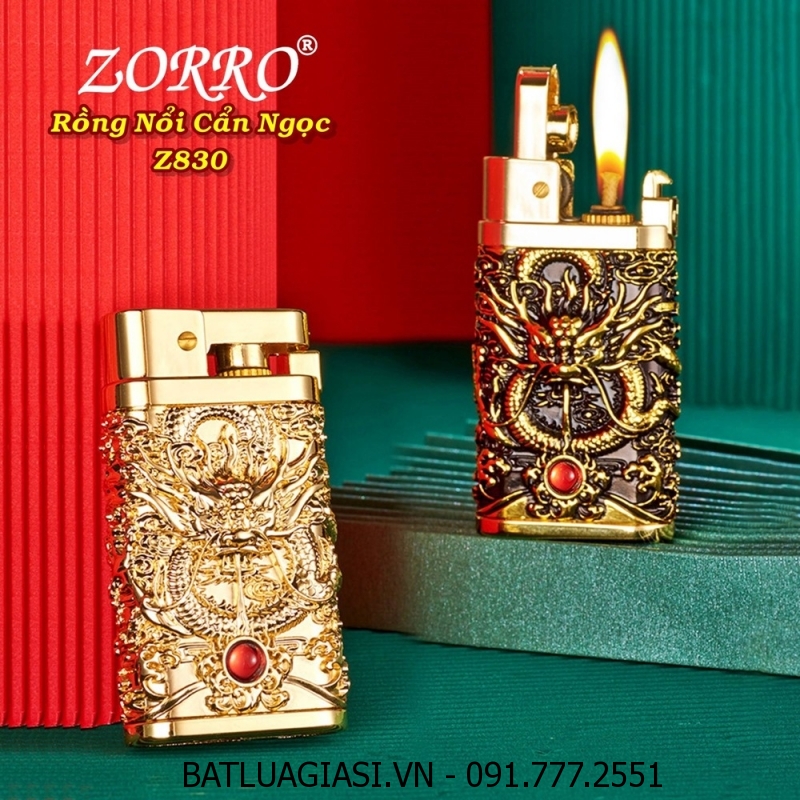 BẬT LỬA XĂNG ĐÁ ZORRO Z830 HÌNH RỒNG NỔI CẨN NGỌC - (XÀI XĂNG)