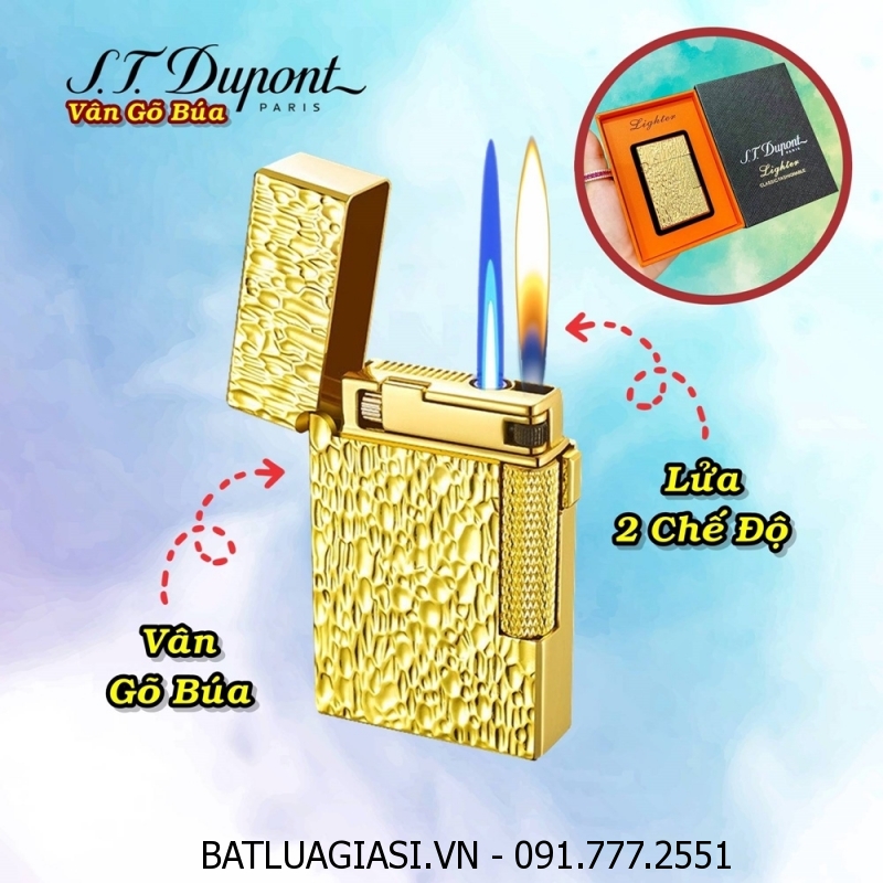 BẬT LỬA DUPONT 2 CHẾ ĐỘ LỬA VÂN GÕ BÚA (S.T. DUPONT) (FULLBOX) - (XÀI GAS) #VÀNG