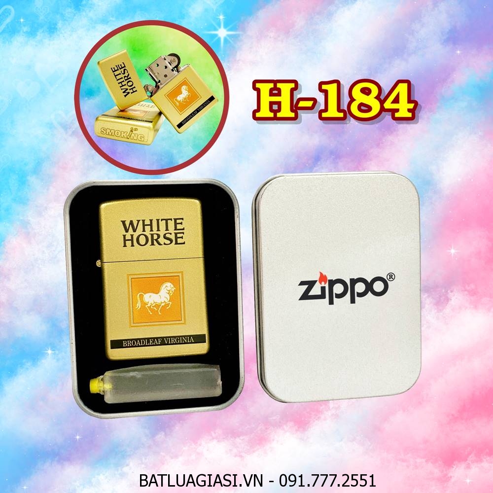 BẬT LỬA ZIPPO SƠN TĨNH ĐIỆN 2 MẶT HÌNH GÓI THUỐC LÁ CON NGỰA TRẮNG WHITE HORSE (HỘP THIẾC KÈM XĂNG) H-184