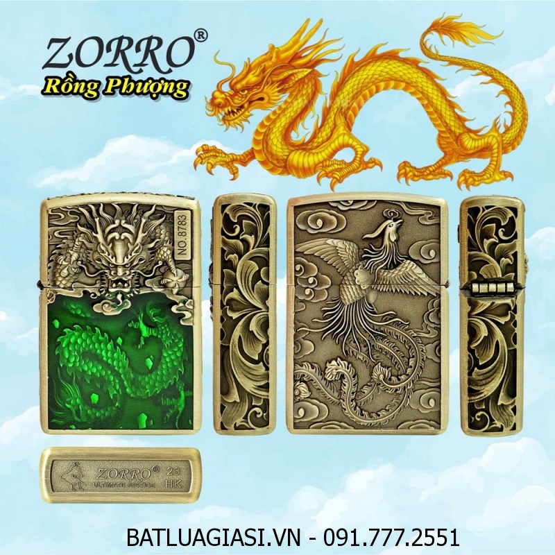 BẬT LỬA ZIPPO ZORRO HÌNH RỒNG PHƯỢNG DẬP NỔI 6 MẶT (FULLBOX) - (XÀI XĂNG) #VÀNG