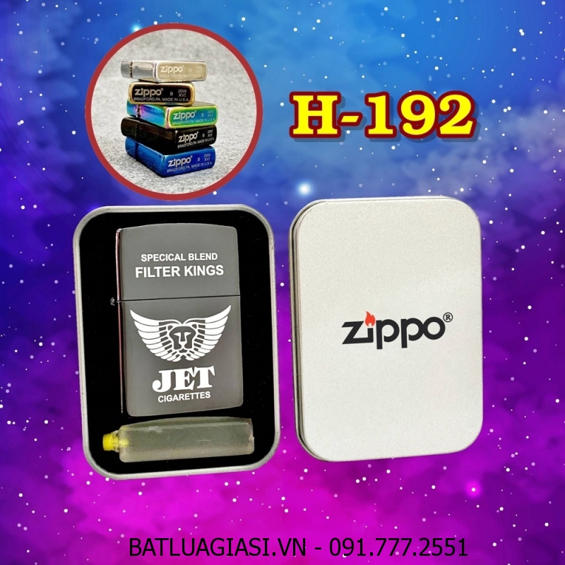 BẬT LỬA ZIPPO TRƠN BÓNG HÌNH GÓI THUỐC LÁ JET (CÓ MỘC ĐÁY) (HỘP THIẾC KÈM XĂNG) H-192 ĐEN