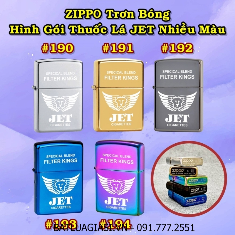 BẬT LỬA ZIPPO TRƠN BÓNG HÌNH GÓI THUỐC LÁ JET NHIỀU MÀU (CÓ MỘC ĐÁY) - (XÀI XĂNG)