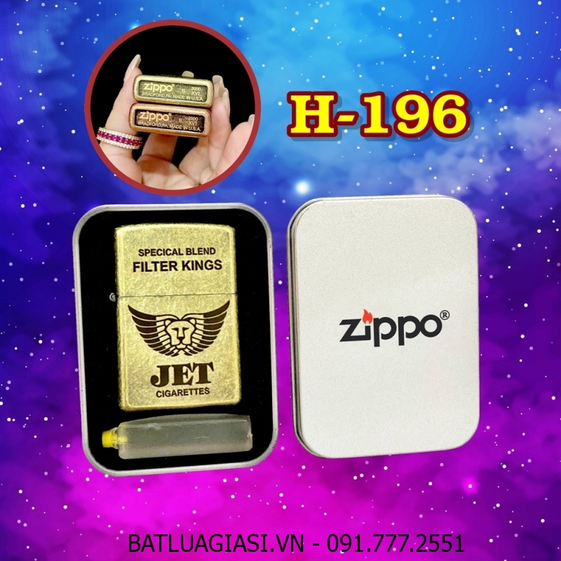 BẬT LỬA ZIPPO VÀNG CỔ HÌNH GÓI THUỐC LÁ JET (CÓ MỘC ĐÁY) (HỘP THIẾC KÈM XĂNG) H-196