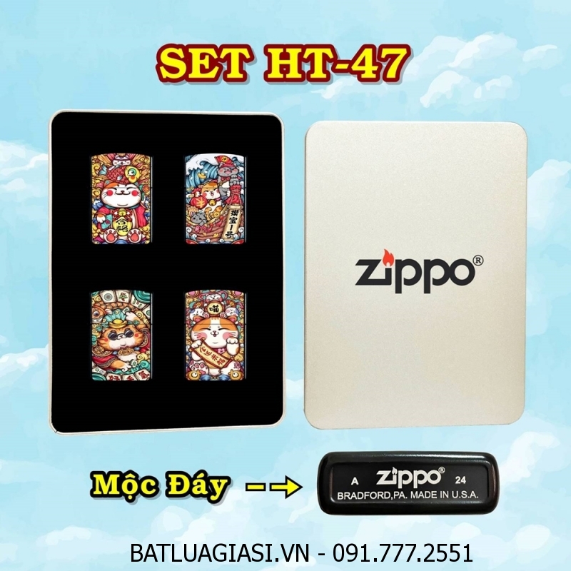 BỘ 4 BÂT LỬA ZIPPO SƠN TĨNH ĐIỆN 2 MẶT PHIÊN BẢN NHẬT HÌNH MÈO MAY MẮN CÁC KIỂU (CÓ MỘC ĐÁY) (HỘP THIẾC) - (XÀI XĂNG) #SET HT-47