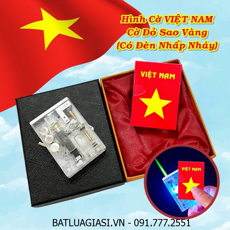 BẬT LỬA KHÈ HÌNH CỜ VIỆT NAM - CỜ ĐỎ SAO VÀNG GAS LỘ THIÊN (CÓ ĐÈN NHẤP NHÁY) (CÓ HỘP) - (XÀI GAS)