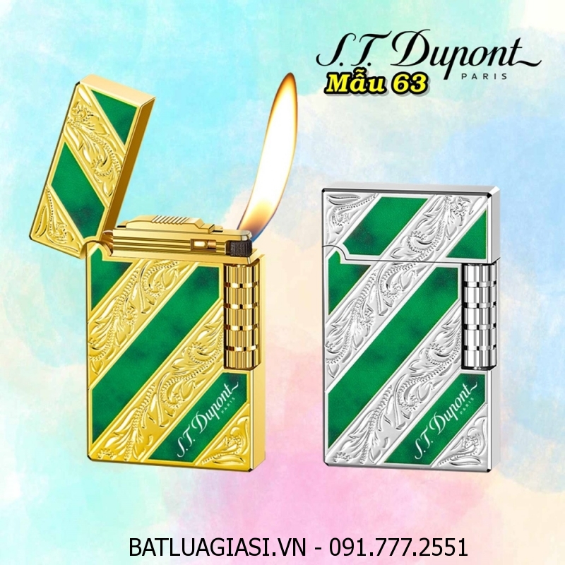 BẬT LỬA DUPONT SƠN MÀI PHỦ BÓNG HOA VĂN XÉO 2 MẶT MÀU XANH LÁ M-63 (S.T. DUPONT) - (XÀI GAS)