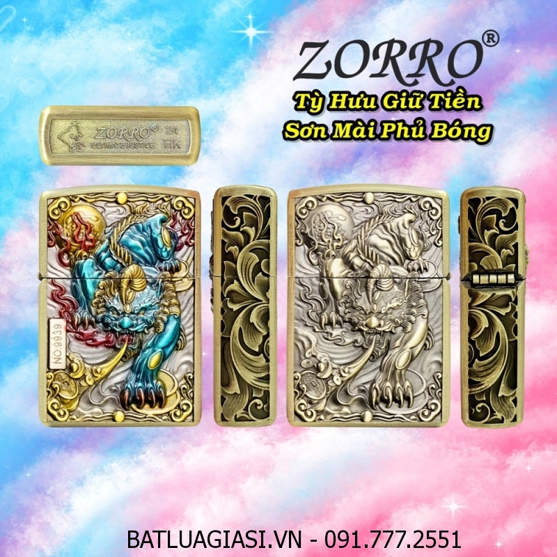 BẬT LỬA ZIPPO ZORRO HÌNH TỲ HƯU GIỮ TIỀN SƠN MÀI PHỦ BÓNG DẬP NỔI 6 MẶT (FULLBOX) - (XÀI XĂNG)