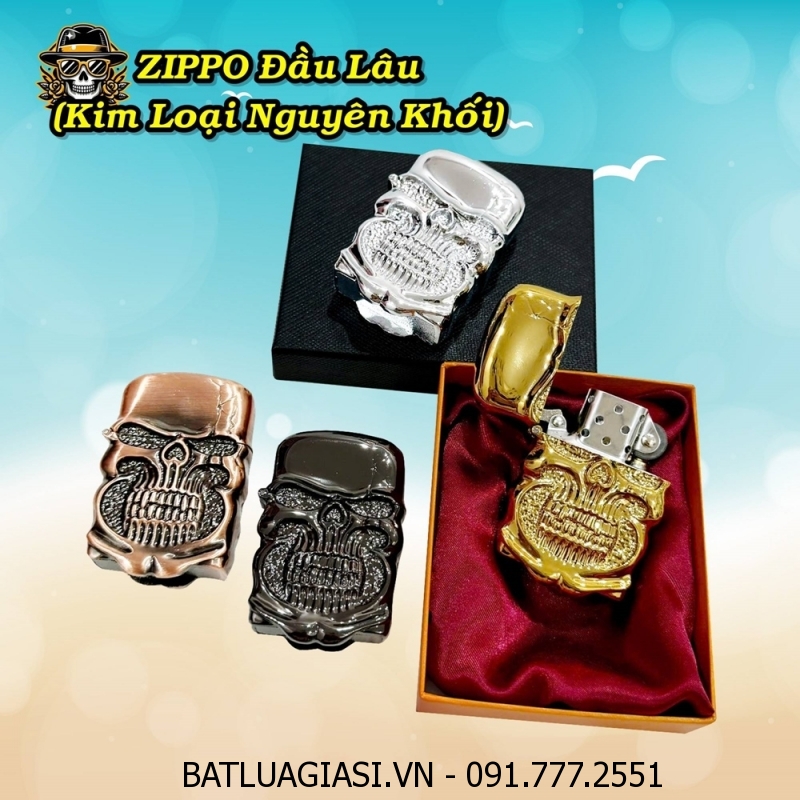 BẬT LỬA ZIPPO ĐẦU LÂU (KIM LOẠI NGUYÊN KHỐI) (CÓ HỘP) - (XÀI XĂNG)