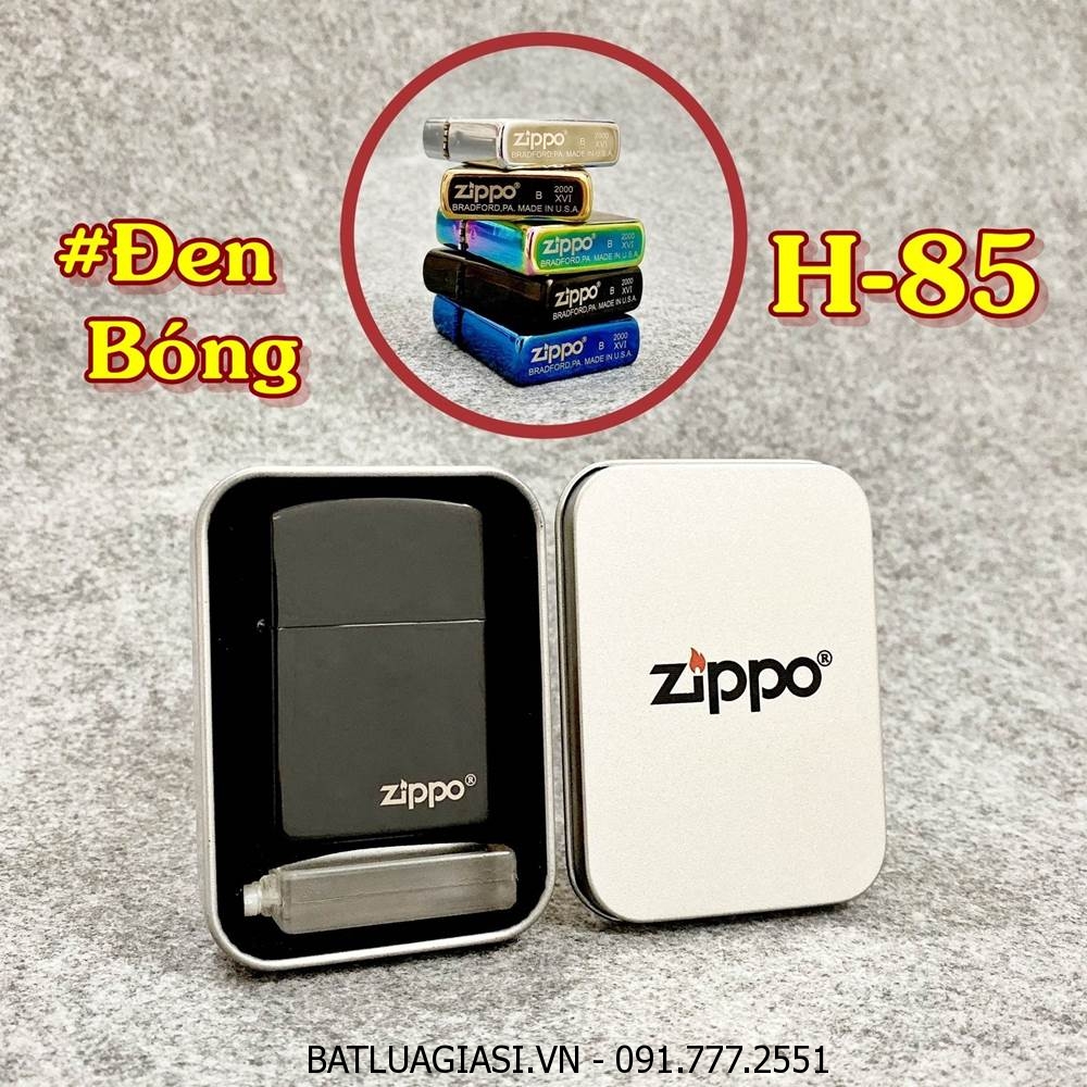 BẬT LỬA ZIPPO TRƠN BÓNG (CÓ MỘC ĐÁY) (HỘP THIẾC KÈM XĂNG) #ĐEN BÓNG H-85