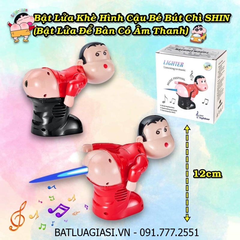 BẬT LỬA KHÈ HÌNH CẬU BÉ BÚT CHÌ SHIN CÓ ÂM THANH (BẬT LỬA ĐỂ BÀN) (FULLBOX) - (XÀI GAS)