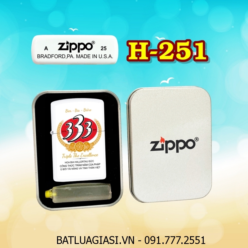 BẬT LỬA ZIPPO SƠN TĨNH ĐIỆN 2 MẶT HÌNH LOGO BIA 333 (CÓ MỘC ĐÁY) (HỘP THIẾC KÈM XĂNG) H-251