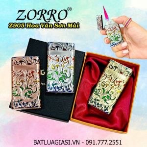 BẬT LỬA KHÈ ZORRO Z905 HÌNH HOA VĂN SƠN MÀI DẬP NỔI 2 MẶT (CÓ HỘP) - (XÀI GAS)