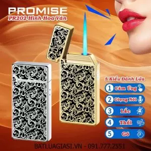BẬT LỬA CẢM BIẾN GIỌNG NÓI PROMISE PR202 HÌNH HOA VĂN PHỦ BÓNG (CÓ 5 KIỂU ĐÁNH LỬA) (FULLBOX) - (XÀI GAS + SẠC ĐIỆN)