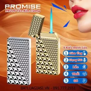 BẬT LỬA CẢM BIẾN GIỌNG NÓI PROMISE PR206 VÂN KIM CƯƠNG (CÓ 5 KIỂU ĐÁNH LỬA) (FULLBOX) - (XÀI GAS + SẠC ĐIỆN)