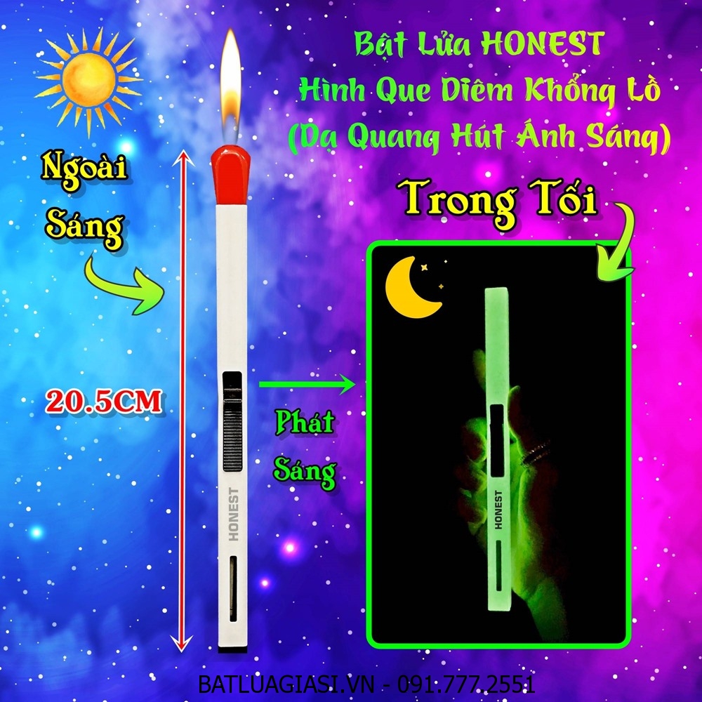 BẬT LỬA HONEST HÌNH QUE DIÊM KHỔNG LỒ - DẠ QUANG HÚT ÁNH SÁNG (SIZE: 20.5 CM) (KIM LOẠI) - (XÀI GAS)