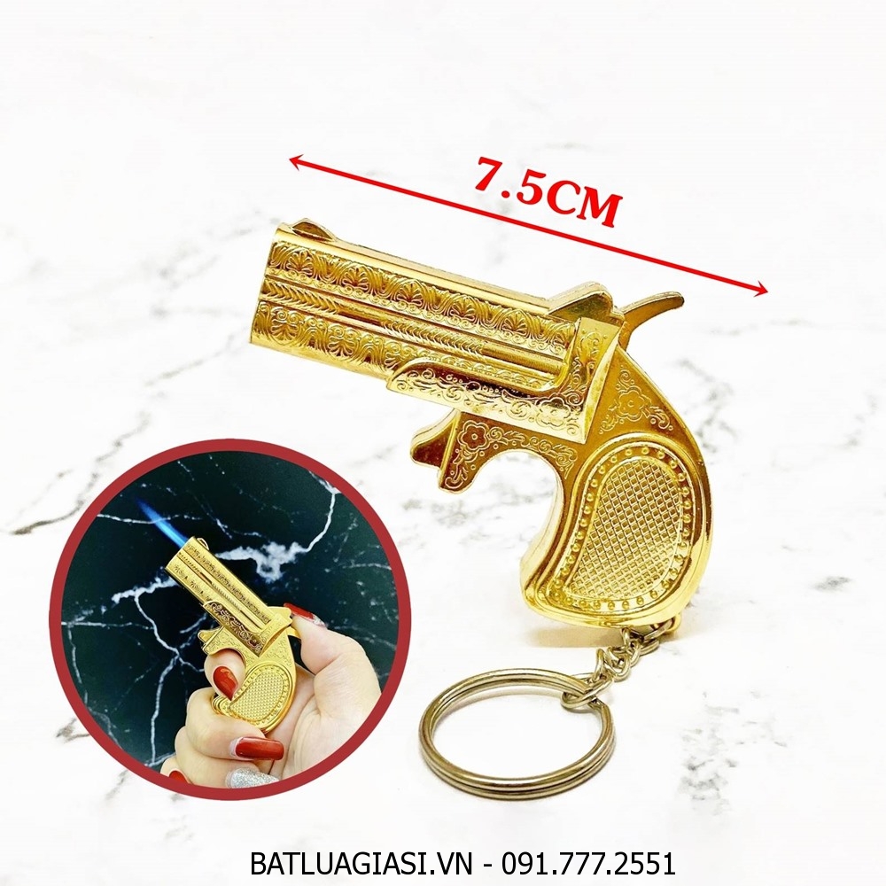 BẬT LỬA KHÈ - MÓC KHÓA HÌNH SÚNG HOA VĂN VÀNG (SIZE: 7.5CM) - (XÀI GAS)