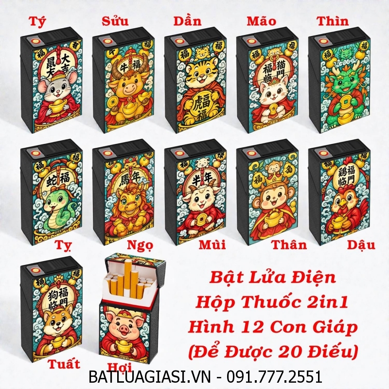 BẬT LỬA ĐIỆN HỘP THUỐC 2IN1 HÌNH 12 CON GIÁP CÁC KIỂU (ĐỂ ĐƯỢC 20 ĐIẾU) (FULLBOX) - (SẠC ĐIỆN)