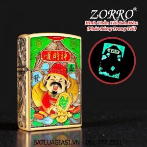 BẬT LỬA ZIPPO ZORRO HÌNH THẦN TÀI SƠN MÀU DẠ QUANG PHÁT SÁNG TRONG TỐI DẬP NỔI 6 MẶT (FULLBOX) - (XÀI XĂNG)