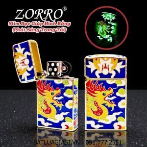 BẬT LỬA ZIPPO SLIM ZORRO BỌC GIÁP HÌNH RỒNG DẠ QUANG PHÁT SÁNG TRONG TỐI (FULLBOX) - (XÀI XĂNG)
