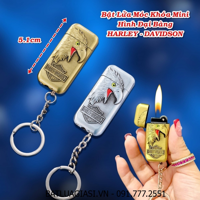 BẬT LỬA GAS ĐÁ MÓC KHÓA MINI HÌNH ĐẠI BÀNG HARLEY - DAVIDSON DẬP NỔI - (XÀI GAS)