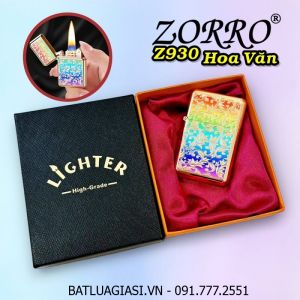 BẬT LỬA XĂNG ĐÁ ZORRO Z930 HÌNH HOA VĂN SƠN MÀU DẬP NỔI 2 MẶT (CÓ HỘP) - (XÀI XĂNG)