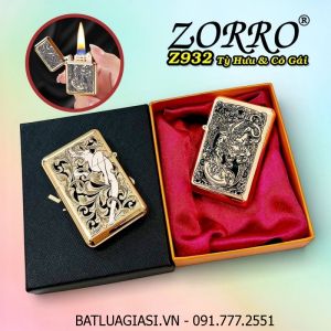 BẬT LỬA XĂNG ĐÁ ZORRO Z932 HÌNH TỲ HƯU GIỮ TIỀN VÀ CÔ GÁI DẬP NỔI 2 MẶT (CÓ HỘP) - (XÀI XĂNG)