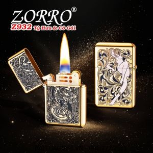 BẬT LỬA XĂNG ĐÁ ZORRO Z932 HÌNH TỲ HƯU GIỮ TIỀN VÀ CÔ GÁI DẬP NỔI 2 MẶT - (XÀI XĂNG)
