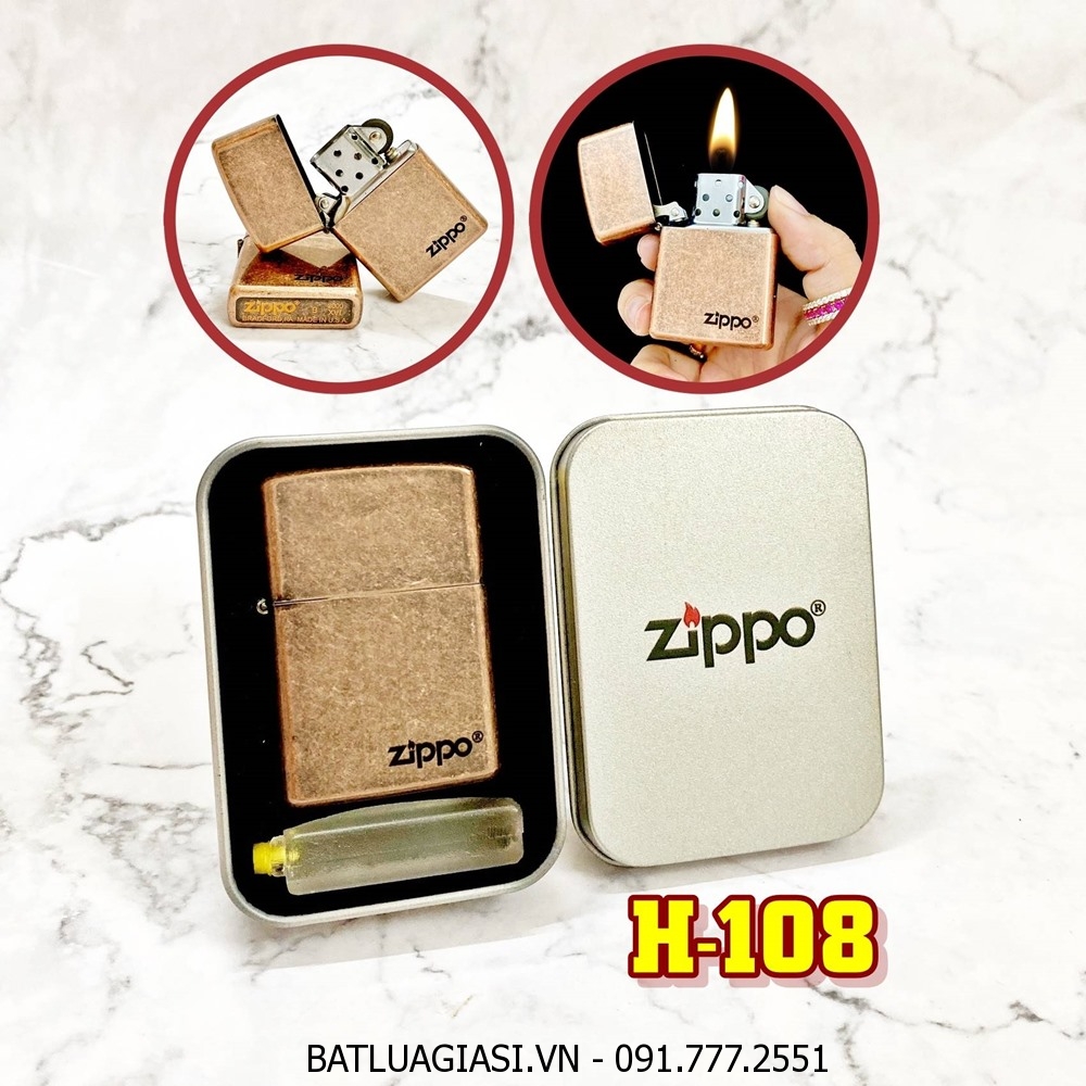 BẬT LỬA ZIPPO ĐỒNG CỔ TRƠN (CÓ MỘC ĐÁY) - (HỘP THIẾC KÈM XĂNG) H-108